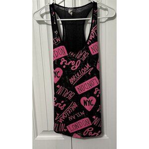 Cleo Apparel Tank Top Womens Black Pink Graffiti Small Racerback City Names